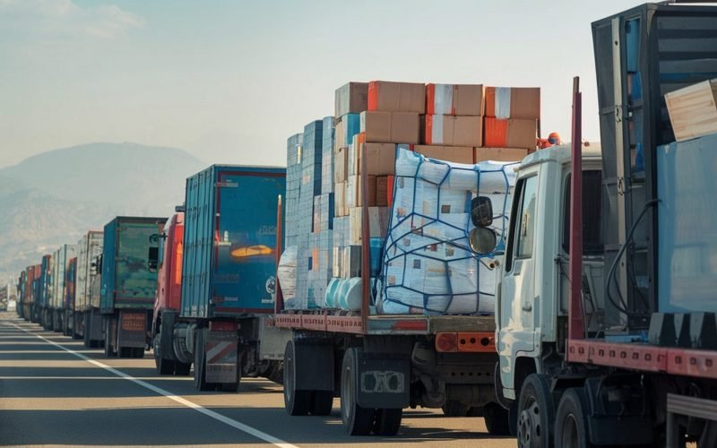 Logistics import export and cargo transportation industry concept delivery cargo trucks driving